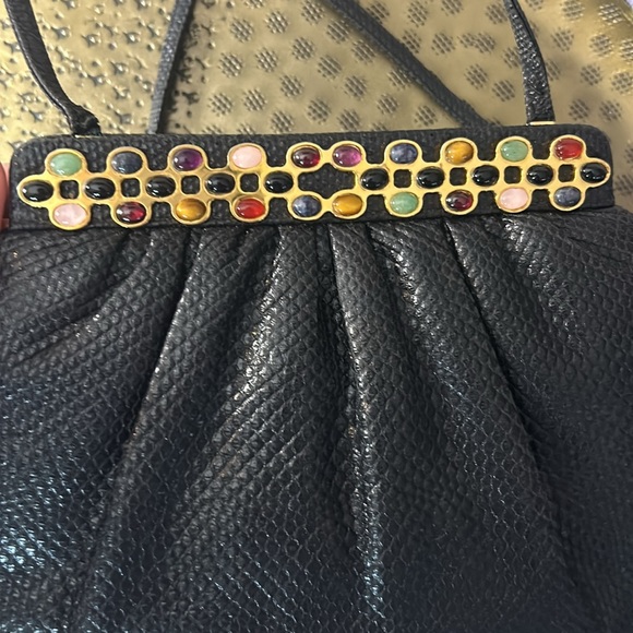 Judith Leiber Black Lizard Gemstone Top Clutch with Strap - Picture 6 of 15